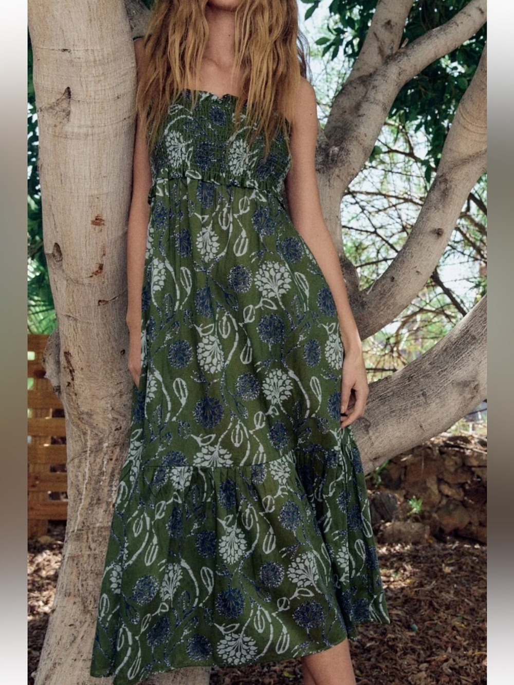 Zara Olive Green Printed Smocked Chemise with adjustable Tie Straps